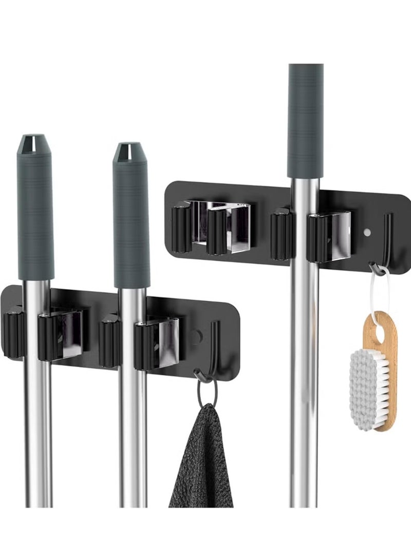 2-Pack Wall Mount Mop and Broom Holder, Heavy Duty Stainless Steel Organizer Rack with Hooks, 2-in-1 No Drill & Screw Installation, Black - Image 1